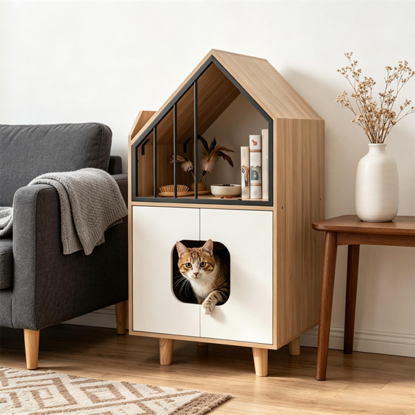 天然和白色隐藏式猫砂箱家具，高架猫休息室顶部封闭式猫卫生间橱柜，带抬高的腿，适用于客厅卧室公-4