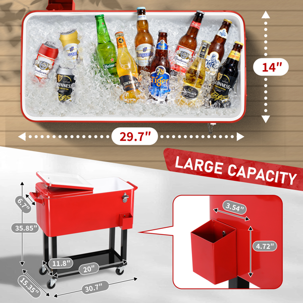 【同款编码：51991387】80qt 红色箱体 黑色脚管 冷冻保温推车 91*87*48cm 长方形 铁喷塑 带排水管-6
