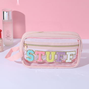 Pink  transparent visible makeup storage bag, colored STUFF letters, waterproof portable toiletry bag