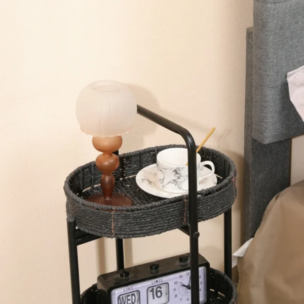 三层纸绳编织托盘桌，卧室储物家具，采用中性色调的纸绳制作，适用于客厅和厨房（黑色）-3