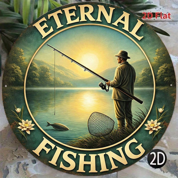CIFbuy 1 个 8×8 英寸复古垂钓 2D 平面圆形标牌，“钓鱼爱好者礼品” 平面圆形标牌，钓鱼爱好者礼品，酒吧、客厅、卧室、餐厅墙面装饰（TikTok, temu 自提物流）-1