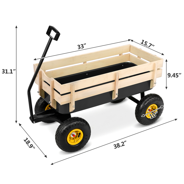 99*48*81CM 黑色 330lb 铁木 铁车斗+木质围栏 花园推车-2