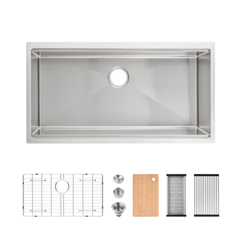 厨房水槽36“x19”多功能底座飞雨瀑布S304不锈钢手工制作现代单碗厨房水槽，深灰色【周末不发货，TK/TEMU订单仅支持自提，仅TX10643仓支持GOFO】