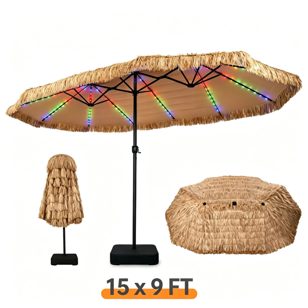 15 x 9英尺双面太阳能LED庭院伞，144个LED，12种模式户外茅草伞，带Type-C充电和加重底座-3