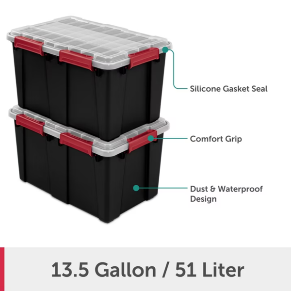 （4件套）13.5加仑防水塑料储物箱，带盖、密封垫和耐用锁扣，黑色(Walmart仓库发货）-3