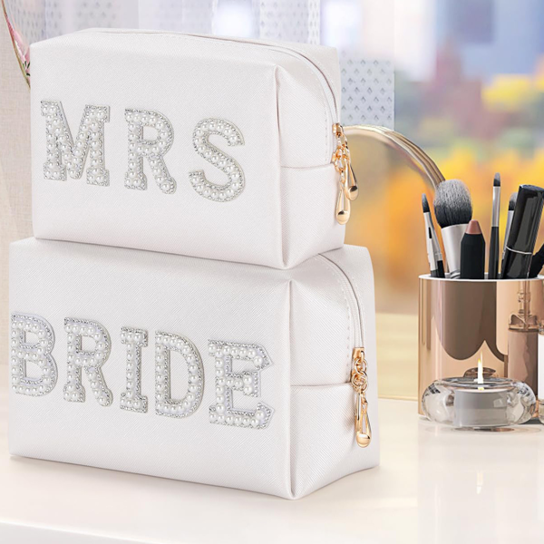 White makeup bag for brides to be, exquisite pearl rhinestone MRS logo makeup storage bag, portable waterproof leather toiletry bag, suitable for bachelor parties and honeymoon travel-1