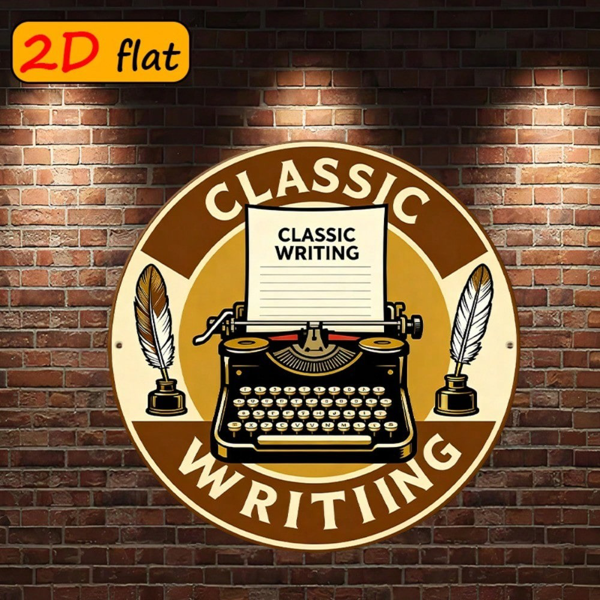 CIFbuy 1 个复古打字机羽毛笔墙面装饰，“” 个复古打字机羽毛笔墙面装饰，圆形铝制标牌，书房文艺挂牌（TikTok, temu 自提物流）-6