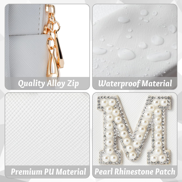 White makeup bag for brides to be, exquisite pearl rhinestone MRS logo makeup storage bag, portable waterproof leather toiletry bag, suitable for bachelor parties and honeymoon travel-3