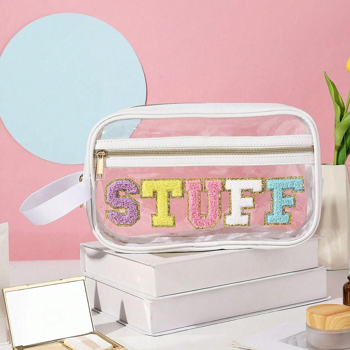 White  transparent visible makeup storage bag, colored STUFF letters, waterproof portable toiletry bag