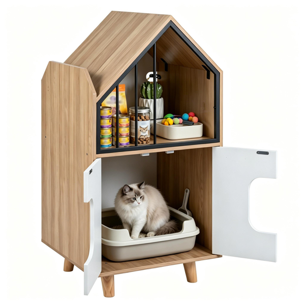 天然和白色隐藏式猫砂箱家具，高架猫休息室顶部封闭式猫卫生间橱柜，带抬高的腿，适用于客厅卧室公-2