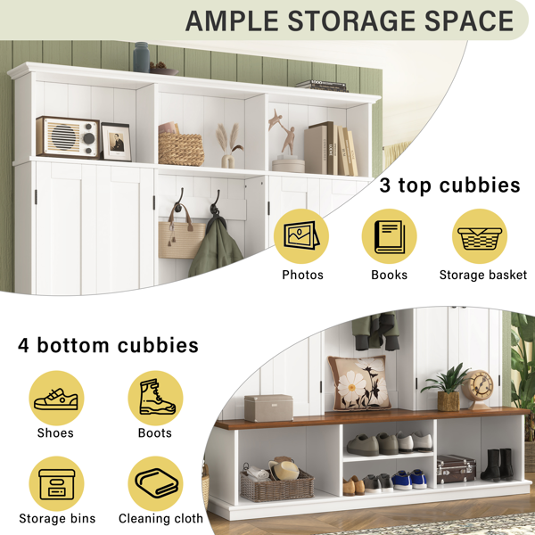 VIBE HAUS 62.2英寸宽玄关衣帽架（带长椅、3个顶部储物格及底部储物空间），美式农舍风格衣帽架（配挂钩与柜体），适用于玄关、走廊、门厅及客厅-9
