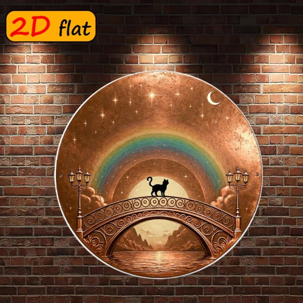 CIFbuy 2D 平面圆形铝制标牌 7.87×7.87 英寸，“7” 英寸，拱桥黑猫搭配星空彩虹夜景图案（TikTok, temu 自提物流）-6