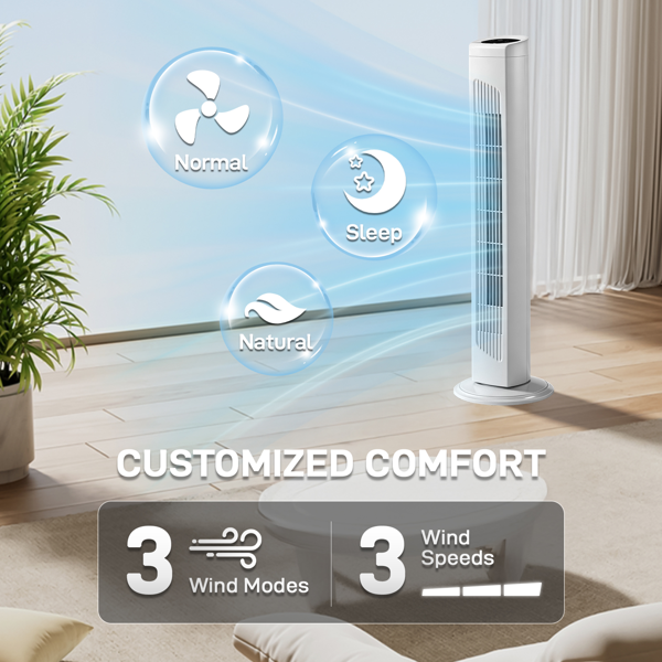 美规 RTW-AR 塔扇 110V 45W 32英寸 柱形塔扇 触控 带遥控  塑料机身 铜电机 白色 3档 3种模式 可摇头 7.5小时定时 家用-9