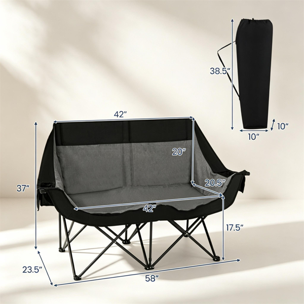 黑色双人加热折叠露营椅4个加热区3个温度级别，重型660磅双户外情侣座椅，带杯架储物袋和野餐海滩运动手提包-4