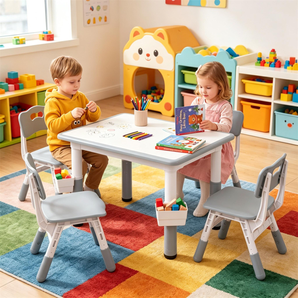 高度可调的儿童书桌和4把椅子套装，涂鸦可擦桌面幼儿活动桌，带储物篮-9