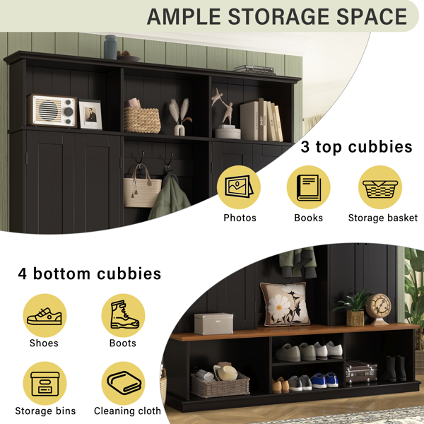 VIBE HAUS 62.2英寸宽玄关衣帽架（带长椅、3个顶部储物格及底部储物空间），美式农舍风格衣帽架（配挂钩与柜体），适用于玄关、走廊、门厅及客厅-4