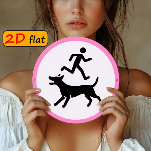 CIFbuy 2D 平面圆形铝制标牌，“” 平面圆形铝制标牌，恶犬与人奔跑图案户外挂牌（TikTok, temu 自提物流）-5