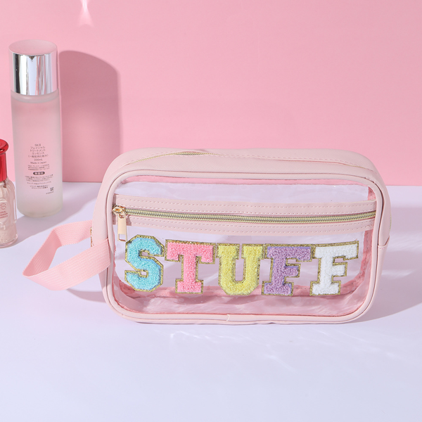 Pink  transparent visible makeup storage bag, colored STUFF letters, waterproof portable toiletry bag-1