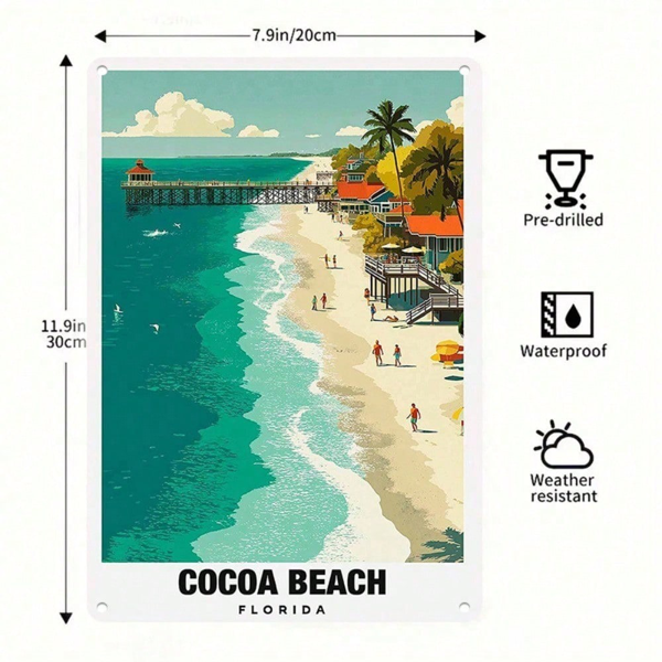 CIFbuy 1个复古可可海滩佛罗里达金属铁皮招牌，鲜艳的海滨天堂旅行海报墙饰，耐用铁质家居装饰（TikTok, temu 自提物流）-2