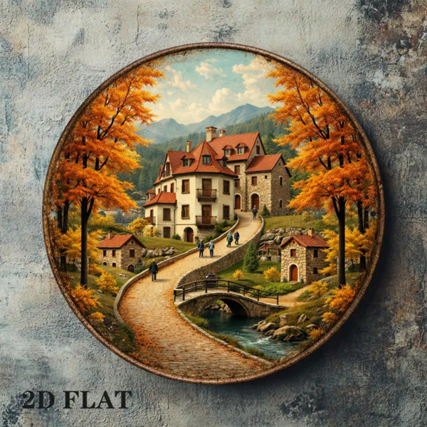 CIFbuy 8×8 英寸复古秋日小镇 2D 平面圆形标牌，“” 平面圆形标牌，乡村别墅墙面装饰挂牌（TikTok, temu 自提物流）-5