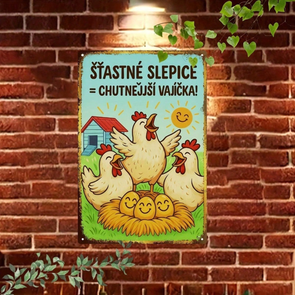 CIFbuy 复古捷克标语铁质标牌，农场金属墙面装饰，配“ŠŤASTNÉ SLEPICE CHUTNĚJŠÍ VAJÍČKA”字样，尺寸7.87x11.81英寸，2D平面乡村风 （TikTok, temu 自提物流）-4
