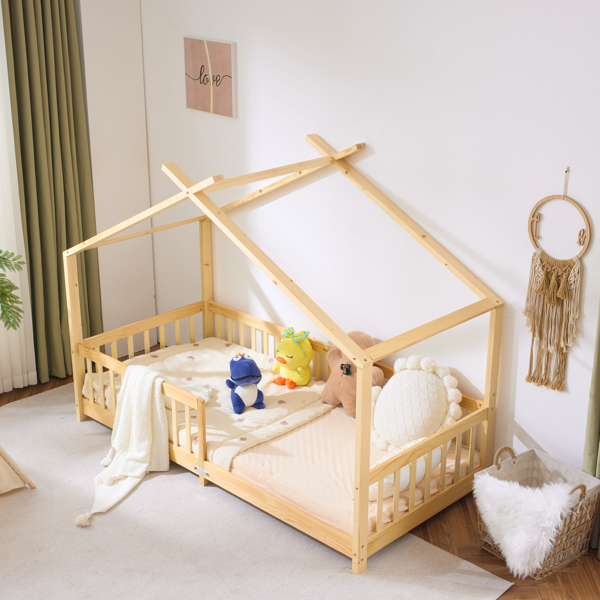 X型屋顶造型松木床架 油漆面儿童木床 206*98*156cm 原木色-16