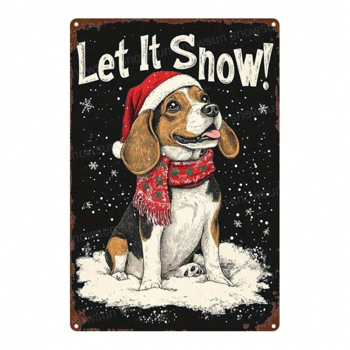 CIFbuy 复古金属标牌 2D 平面圣诞比格犬雪景墙饰，8x12 英寸 复古艺术牌匾装饰，适用于家庭、办公室及室内外使用 （TikTok, temu 自提物流）