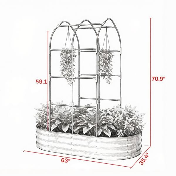 绿色镀锌金属高架花园床——5 x 3 x 6英尺户外花盆箱，拱形棚架，底部开放（仅高架花园床）-3