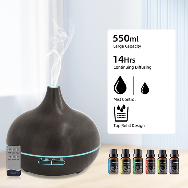 18.6oz Aromatherapy Essential Oil Diffuser Wood Grain Remote Control Ultrasonic Air Humidifier Cool 7 Color LED Light With 6 Oils-4