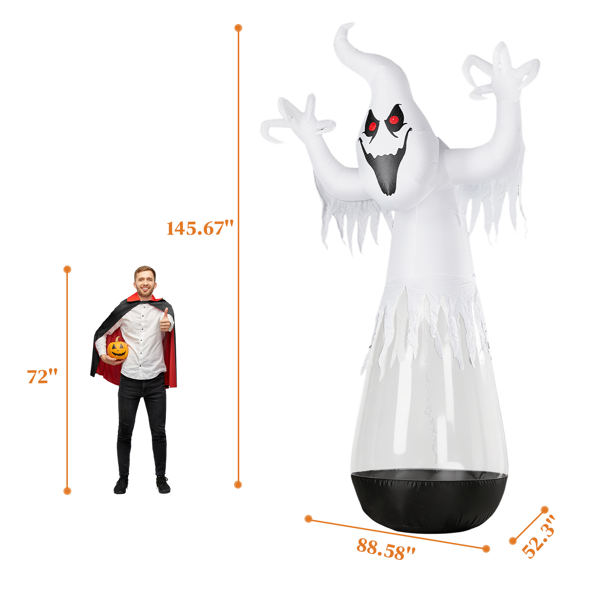 12ft 半身透明PVC白鬼 2颗LED灯 1个舞台灯 黑白色 万圣充气装饰 2000mA 2000mA,12V 美规-12