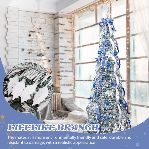 7ft  绿色植绒 伸缩圣诞树  带蓝银色配饰 200LED暖白8模式 带遥控 PVC 圣诞树 30V 3.6W 美规-17