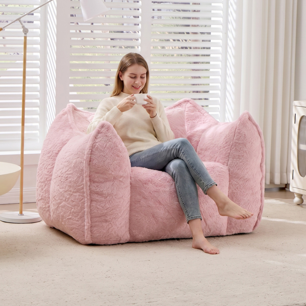 带枕头的巨型豆袋椅，适合成人和儿童的大号舒适豆袋椅，客厅卧室公寓用仿毛皮沙发，粉色-7