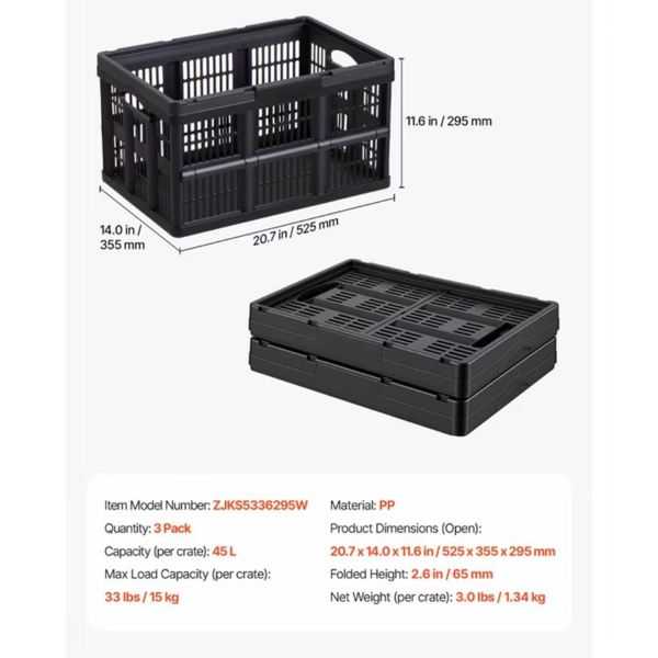 3 个装 45 升塑料折叠收纳箱，带提手可堆叠周转箱，单箱承重 33 磅，坚固折叠收纳筐，居家省空间储物-2