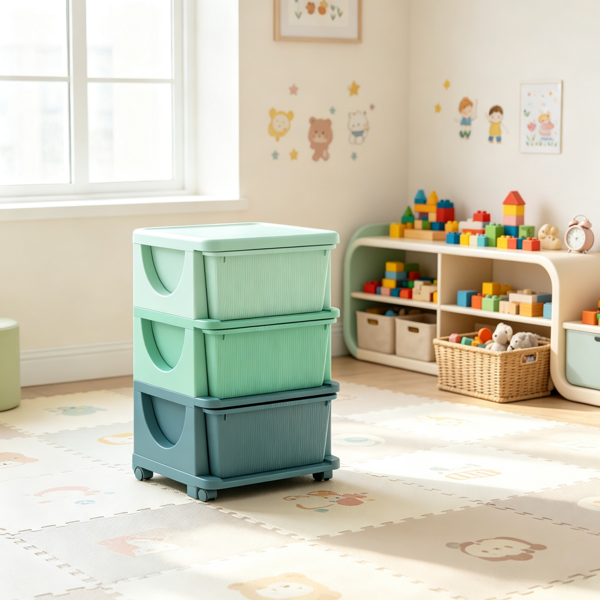 绿色3层儿童储物箱–适用于小空间的3抽屉玩具收纳箱，适合幼儿卧室、托儿所角落和公寓客厅-4