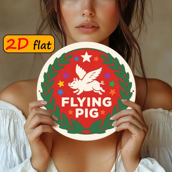 CIFbuy 飞天小猪圆形铝制标牌 7.87×7.87 英寸，“7” 英寸，彩星绿叶花环户外挂牌（TikTok, temu 自提物流）-7