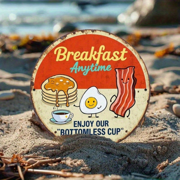 CIFbuy 1个复古质朴怀旧金属墙饰 8x8英寸 烟熏肉 鸡蛋 煎饼 早餐图案 耐用2D平面艺术装饰牌 家居K款 （TikTok, temu 自提物流）-7