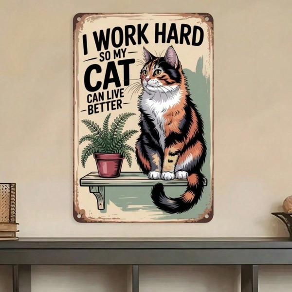 CIFbuy 猫咪爱好者礼物 2D 平面木质标牌，“我努力工作，只为让我的猫生活得更好”，虎纹猫咪图案装饰牌，防水（TikTok, temu 自提物流）-4