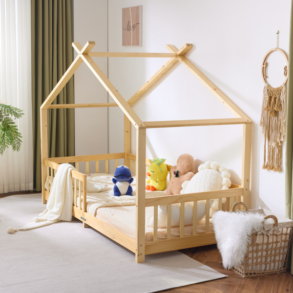 X型屋顶造型松木床架 油漆面儿童木床 206*98*156cm 原木色-19