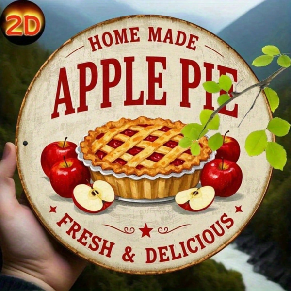 CIFbuy 复古自制苹果派2D平面金属标牌 8x8英寸 乡村铁艺墙饰 复古圆形美味苹果主题温馨家居装饰 S （TikTok, temu 自提物流）-1