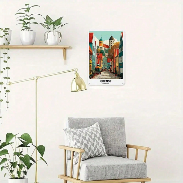 CIFbuy 1个复古金属铁皮招牌 奥登塞 丹麦，复古旅行海报墙饰，彩色鹅卵石街道装饰，耐用铁艺作品用于（TikTok, temu 自提物流）-6