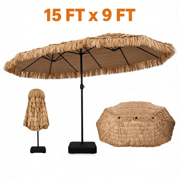 15x9英尺双面Tiki露台雨伞，带重型加重底座，12金属肋夏威夷PE套索户外市场雨伞防水聚酯雨棚，适用于池畔Tiki酒吧后院-2
