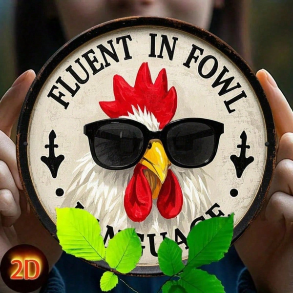 CIFbuy 1个复古鸡形金属标牌 8x8英寸 圆形2D平面墙面装饰，精通禽类语言 复古经典 防水装饰挂饰 （TikTok, temu 自提物流）-1