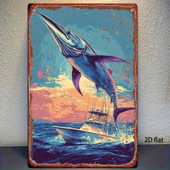 CIFbuy 复古 | 海洋捕鱼金属标牌 2D 平面，8X12英寸大鱼跃动图案墙饰，防锈防水金属装饰 1个适用于H （TikTok, temu 自提物流）