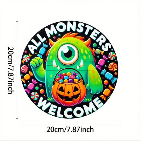 CIFbuy Frightsbyte 8x8英寸圆形万圣节金属标牌，2D平面锡制墙面装饰，印有怪物图案的复古乡村风家居酒吧派对装饰H （TikTok, temu 自提物流）-3