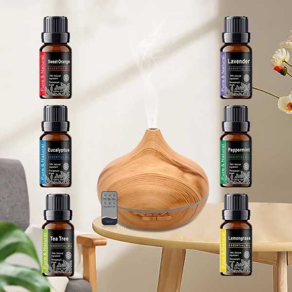 550 毫升木纹香薰精油加湿器 带遥控超声波冷雾香薰机，7 色氛围 LED 灯，附赠 6 瓶精油-11