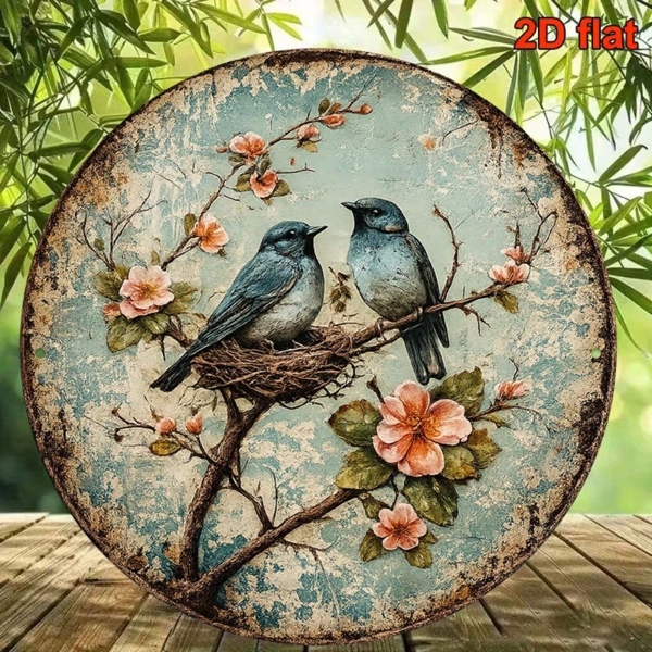 CIFbuy 1 个 8×8 英寸复古筑巢小鸟墙面圆形标牌，“” 英寸复古筑巢小鸟墙面圆形标牌，春日鸟巢无框挂饰（TikTok, temu 自提物流）-3