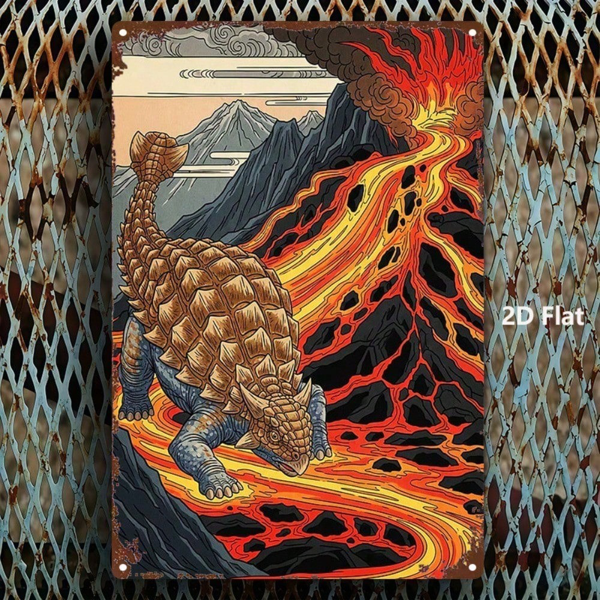 CIFbuy 复古甲龙金属标牌，带火山景观的质朴铁艺墙饰，8x12英寸恐龙装饰，适用于家庭、酒吧、车库、咖啡馆（TikTok, temu 自提物流）-3