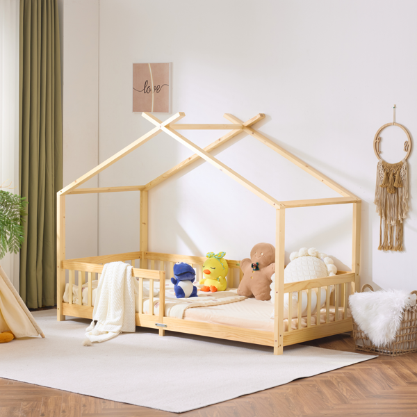 X型屋顶造型松木床架 油漆面儿童木床 206*98*156cm 原木色-11