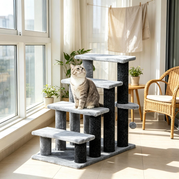 猫树塔，带猫楼梯台阶、抓杆和悬挂式球，适用于高床、沙发、室内和室外-7