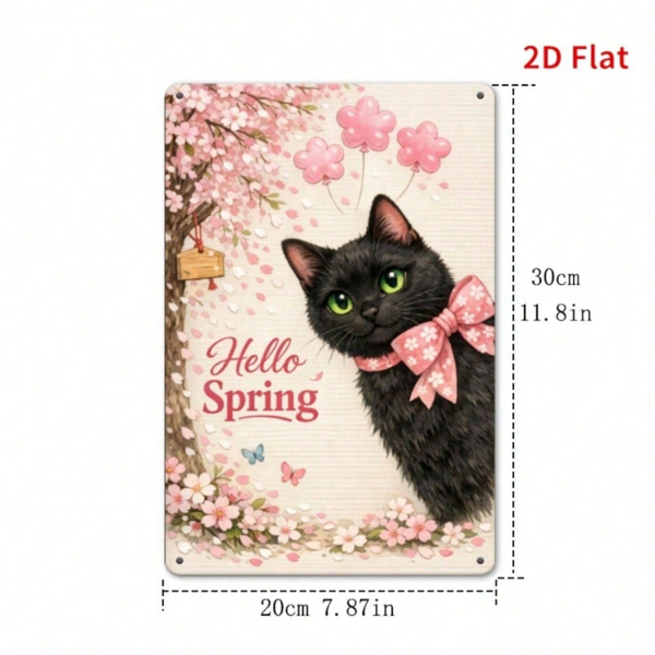CIFbuy 你好，春樱黑猫金属牌匾，复古2D平面印刷墙饰，防水防锈标识，适用于家居装饰。（TikTok, temu 自提物流）-1